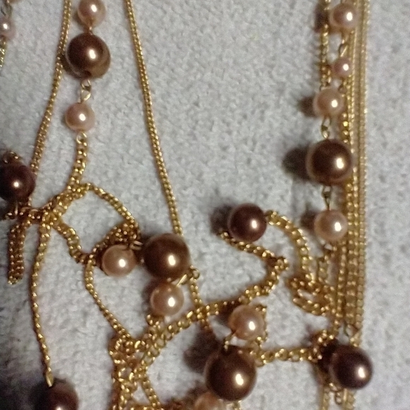 Goldtone necklace Earring set brown pink faux pearls chain multi layer - Picture 2 of 6